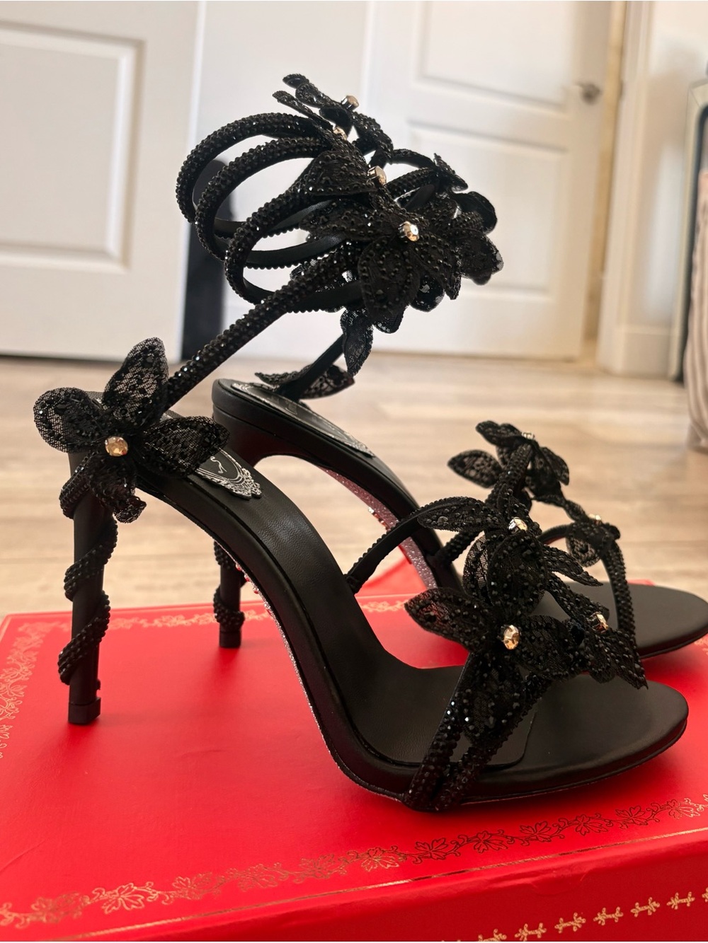 Black Floral Beaded High Heel Sandals - Designer Style